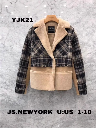 现货韩国东大门2023秋冬新款js new york时尚拼接长袖羊羔毛外套
