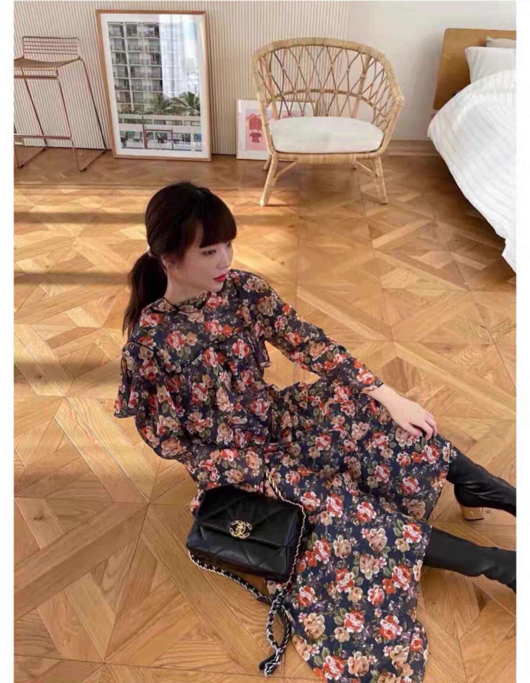 韩国东大门进口tara by motion时尚气质百搭印花长袖连衣裙