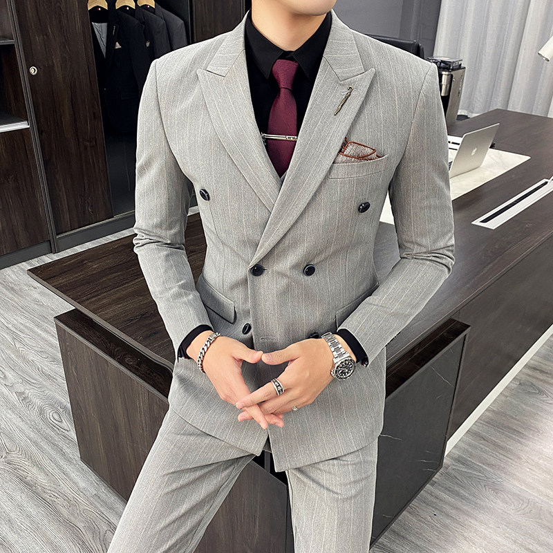 西服套装男修身条纹休闲商务西装双排扣三件套TZ35-P230大码加价,男装西服套装,电商A207