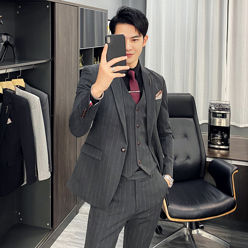 20秋冬款西服套装韩版修身条纹男士西装三件套TZ25-P230大码加价图片