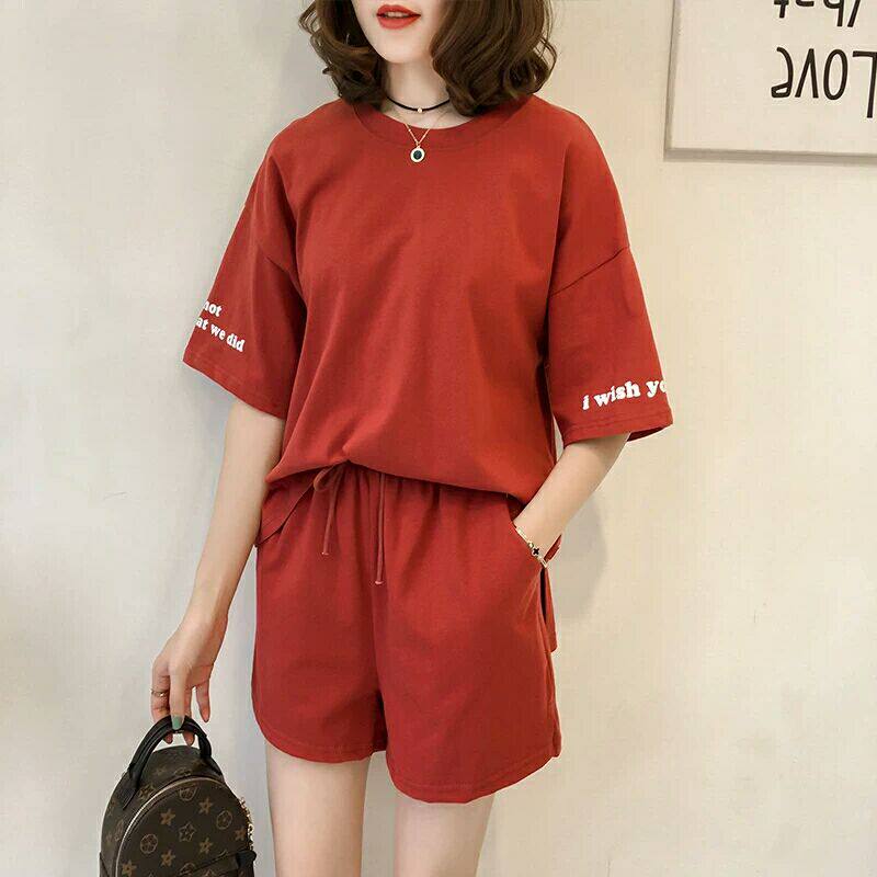 春夏女装时尚字母印花短袖t恤休闲运动套装女高腰短裤两件套