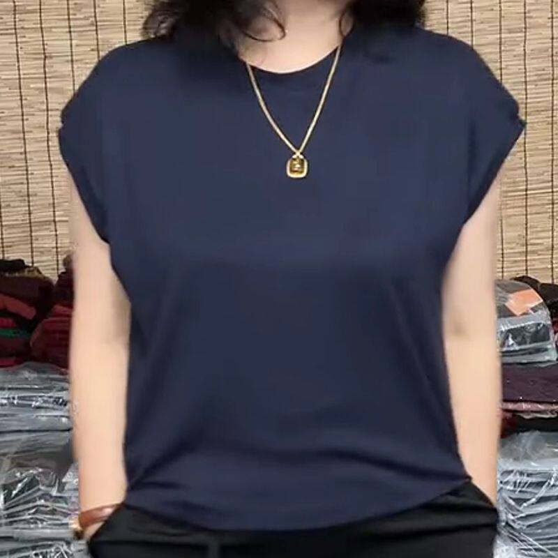 纯色圆领飞飞袖中老年大码T恤宽松显瘦遮肚子百搭洋气胖mm上衣女