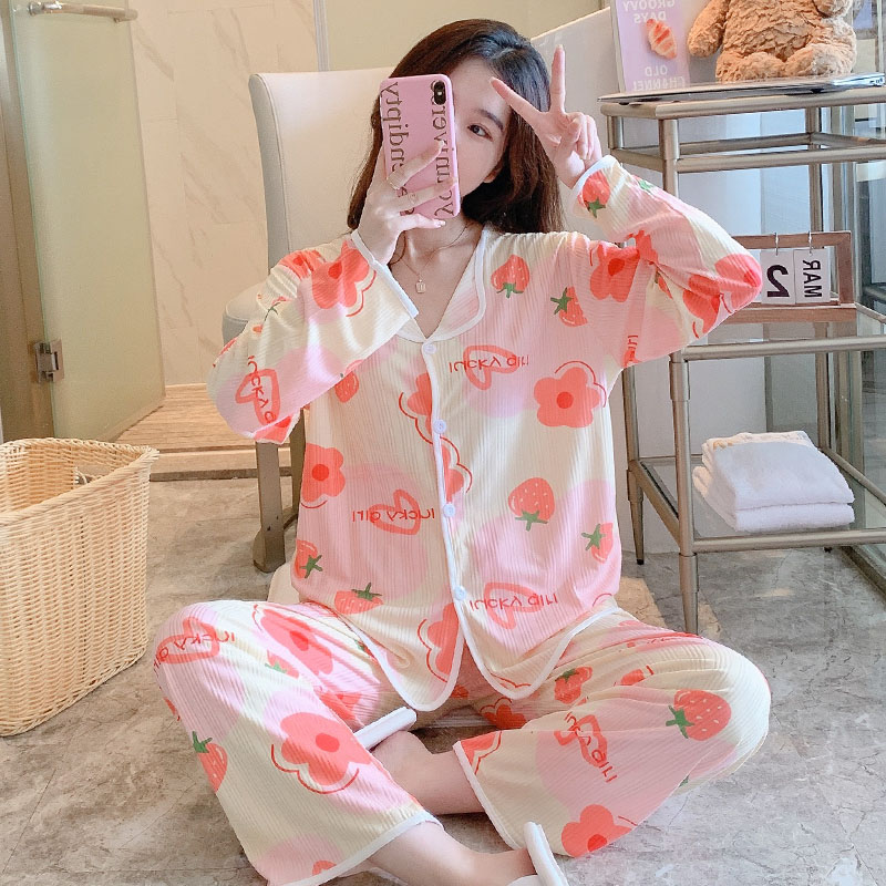 2023新款睡衣女春长袖开衫薄款网红可爱休闲甜美家居服可外穿套装（2023新款女春长袖开衫网红可爱睡衣套装29.9亓到手上衣+裤子一整套）-第5张图片-提都小院