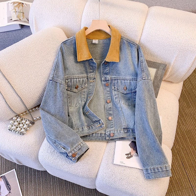复古撞色牛仔外套女春秋