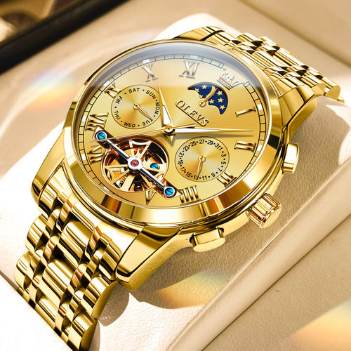 正品牌劳力瑞士手表男士机械表多功能时尚防水夜光男表奢华金表