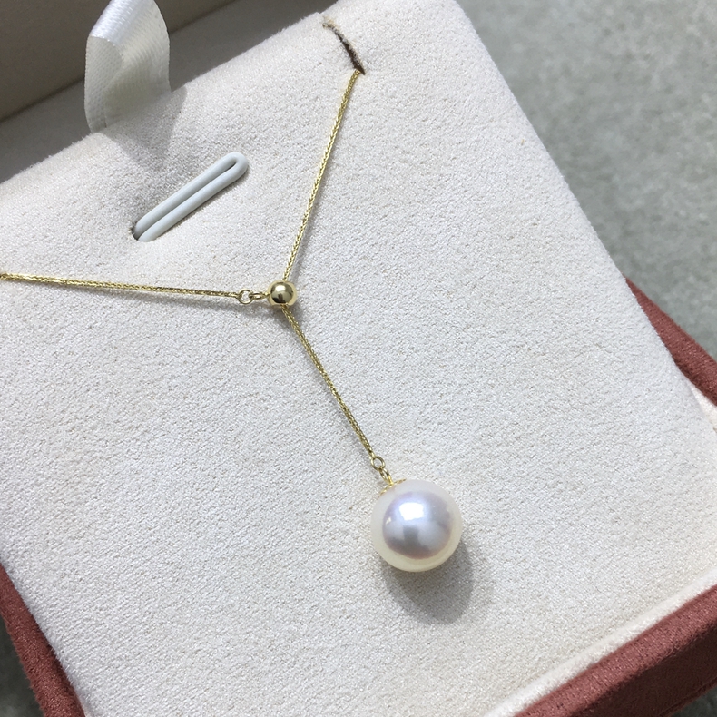 G18K金经典简约优雅气质百搭Y字调节项链 8-9mm白色正圆海水珍珠