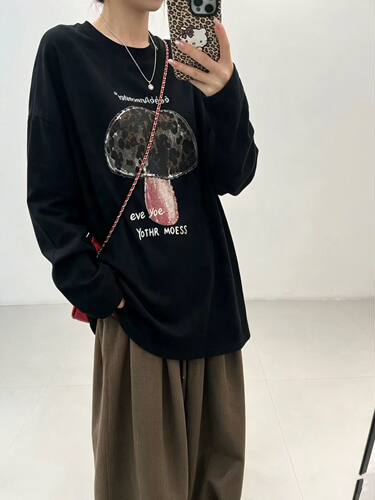2026新款印花长袖t恤衫女时尚洋气宽松百搭减龄大版棉T穿到200斤