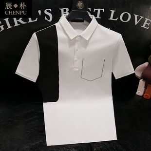 修身 潮牌夏季 t恤韩版 拼接冰丝体恤男 2025新款 polo衫 翻领短袖 男士