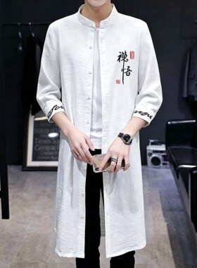夏季薄款中长款风衣男潮流披风宽松立领中袖长款外套衣服大衣春秋