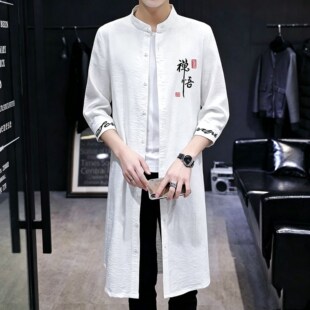 夏季薄款中长款风衣男潮流披风宽松立领中袖长款外套衣服大衣春秋