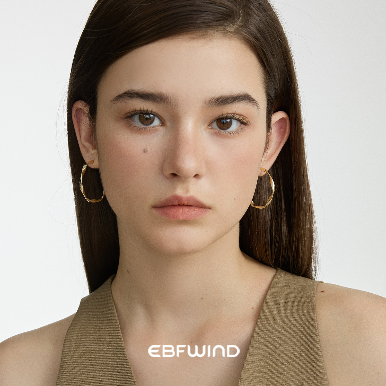 EBFWIND 凝光素圈 极简经典基础款C字形大圈时髦休闲风金色耳环