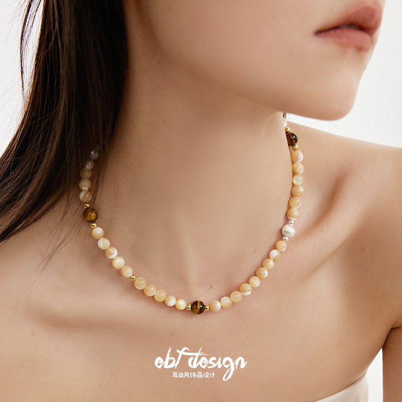 EBFWIND琥珀半岛 复古小众高级感虎睛石串珠美拉德配色锁骨链项链