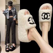 百搭厚底增高8cm小个子拖鞋 高级感小香风毛毛拖鞋 女2025年秋冬季