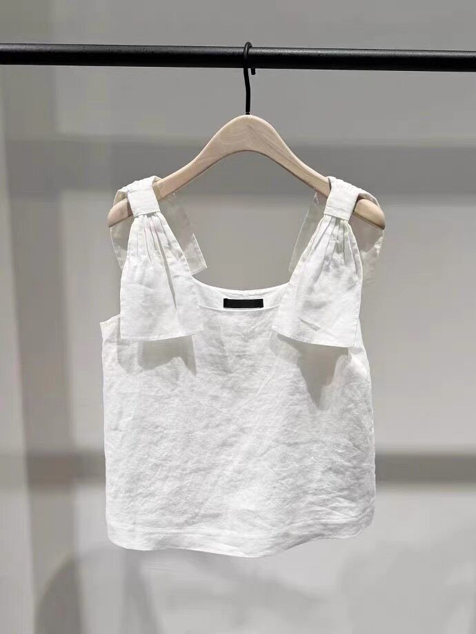 正品2026夏新品法国诺曼底亚麻蝴蝶结背心方领白色上衣MBF2TOP042