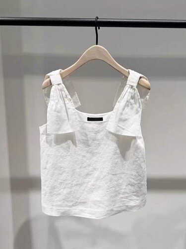 正品2026夏新品法国诺曼底亚麻蝴蝶结背心方领白色上衣MBF2TOP042