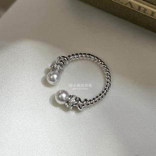 海小姐珍珠 复古老钱风精工纯银戒指 天然极光淡水珍珠指环戒圈女