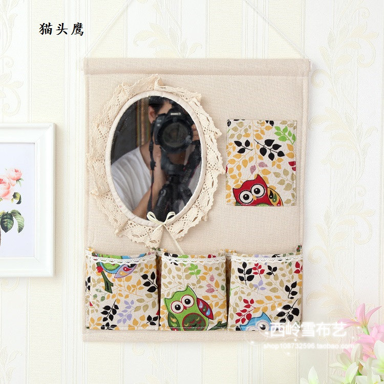 包邮棉麻挂袋多层收纳袋 墙壁门后挂袋收纳挂式带镜子创意梳妆袋