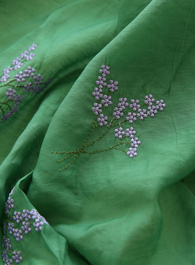 布悟夏天国风墨绿色丝绵刺绣布料田园植物连衣裙旗袍汉服文艺面料