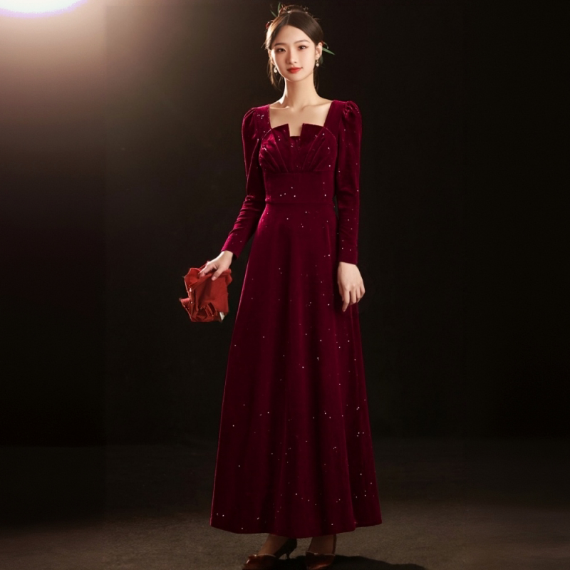 优雅酒红色长袖A字晚礼服女新娘结婚敬酒服显瘦长裙敬酒服A字裙子