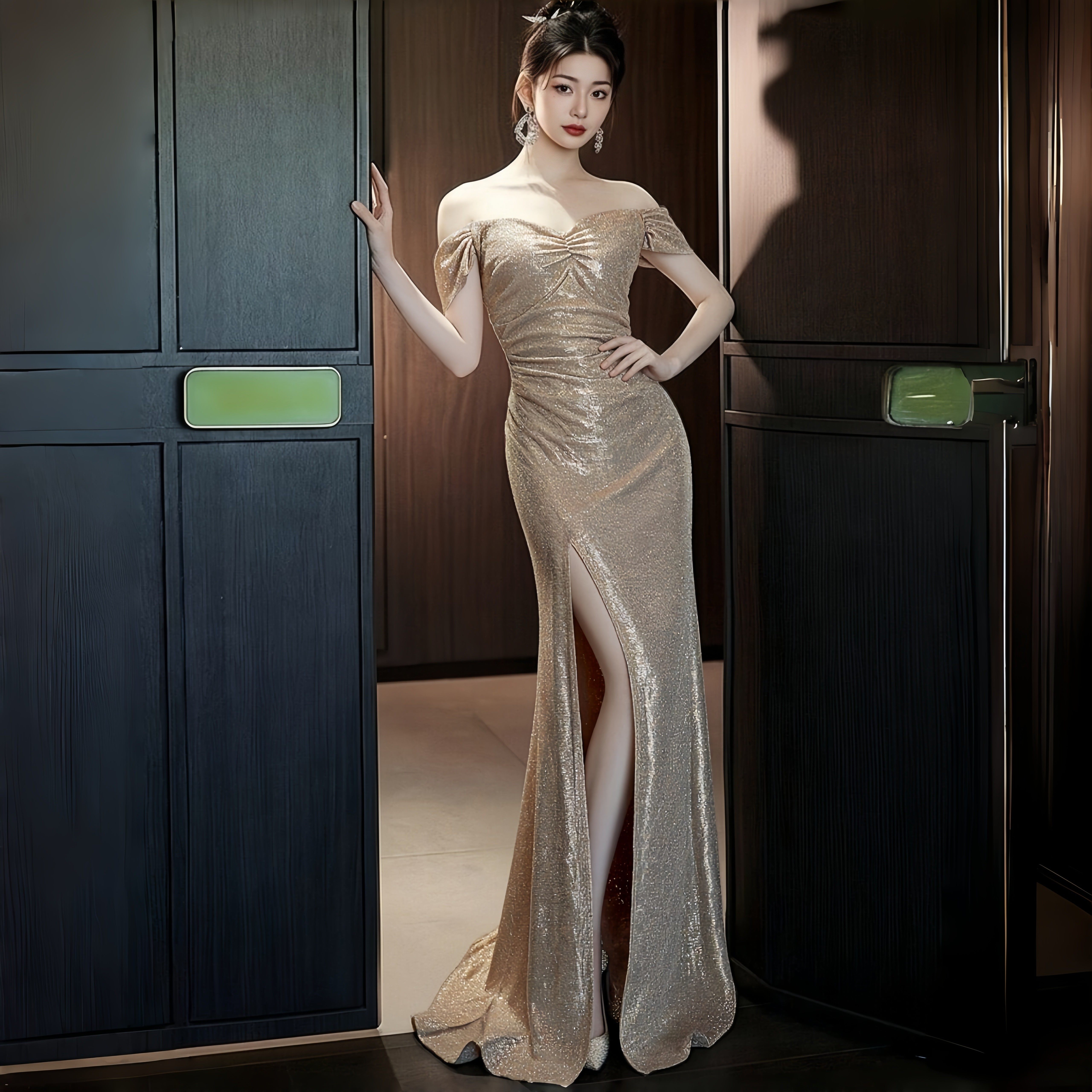 香槟色一字肩亮片礼服声乐女士生鱼尾绝美订婚新娘敬酒服开叉长裙,女装/女士精品,连衣裙,淘宝优惠券,粉丝福利购,淘宝优惠卷