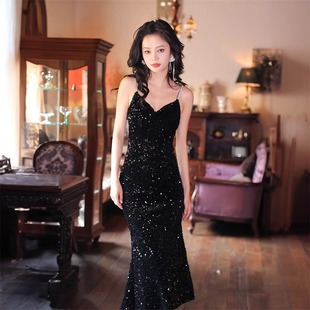 黑色性感修身鱼尾长礼服裙一字肩抹胸裙闪闪亮片显高瘦轻奢连衣裙