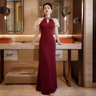 新娘敬酒服红色挂脖晚礼服日常可穿高级感轻奢高端宴会订婚鱼尾裙