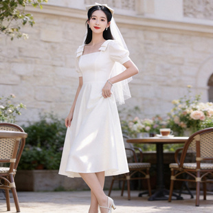 法式名媛A字连衣裙女白色方领收腰显瘦订婚礼服裙小个子日常可穿