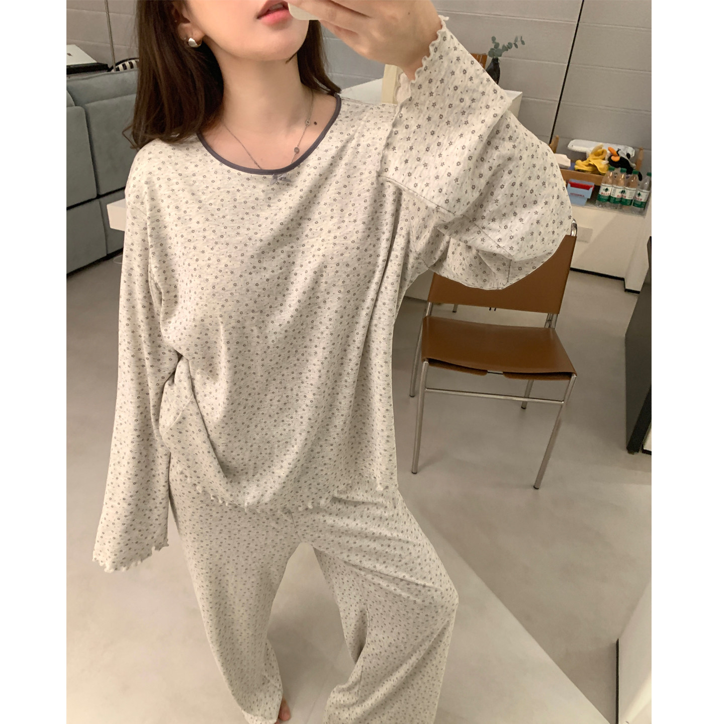 小碎花莫代尔带胸垫睡衣女秋季新款长袖圆领少女可外穿家居服套装
