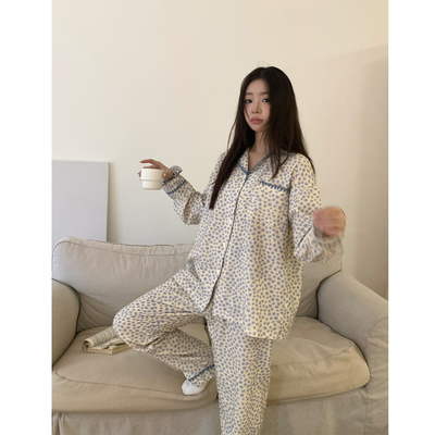 蓝色碎花磨毛纯棉睡衣女款