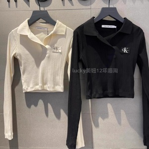 美国免税Jeans金智妮同款CK长袖T恤女秋冬新款螺纹圆领纯棉打底衫