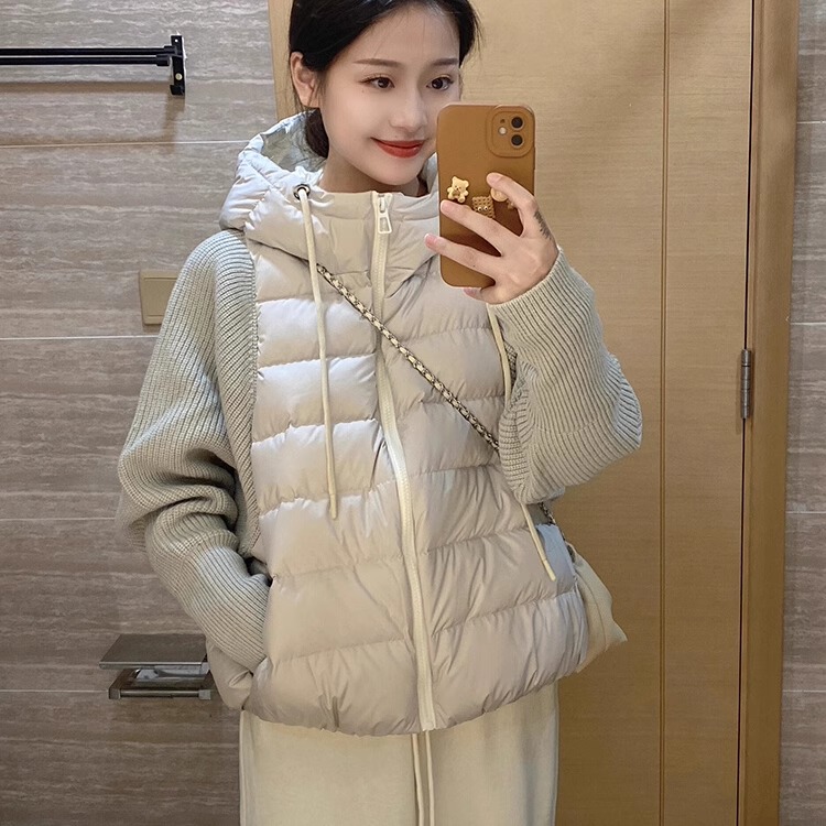 2025新款轻薄针织袖拼接羽绒棉服女装短款假两件连帽棉衣外套保暖