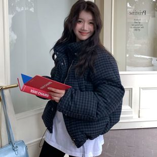 韩系格纹羽绒棉服女短款 加厚面包服小个子外套潮 立领保暖棉衣冬季
