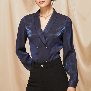 idole奕多藏青色西装领衬衫女春秋季新款双排扣衬衣显瘦气质上衣