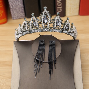 2018新款欧美复古新娘结婚皇冠头饰耳环套装婚纱礼服配饰黑色大气
