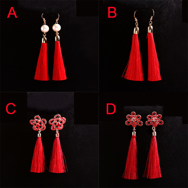 包邮新娘耳饰无耳洞耳环红色长款耳坠中国风流苏宫廷耳夹耳钉夹