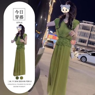 法式 高级感蕾丝拼接两件套收腰显瘦无袖 背心上衣搭配半身裙套装