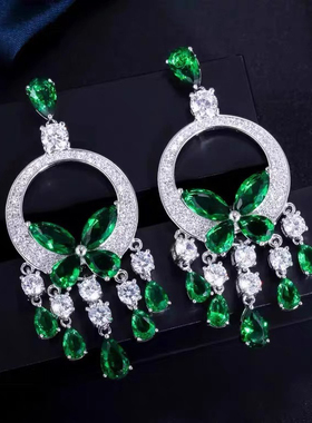 绿色蝴蝶圆形耳环流苏重工耳坠微镶锆石耳钉项链套装华丽晚宴饰品