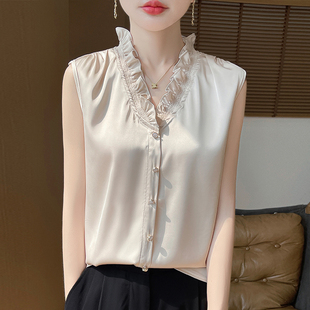 法式木耳领无袖衬衫女2025款真丝缎面花边荷叶领打底背心内搭上衣