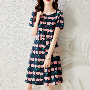 九月陌墨法式复古印花连衣裙女2023夏季新款减龄宽松显瘦a字裙子