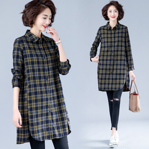 九月陌墨2020春秋新款女复古中长款格子衬衫 文艺长袖基础款衬衣