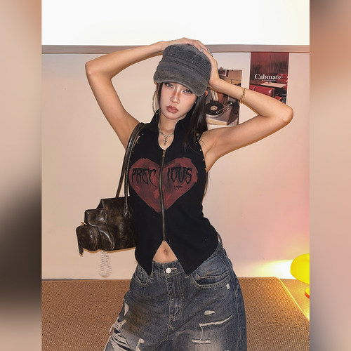 美式辣妹爱心印花显瘦拉链背心