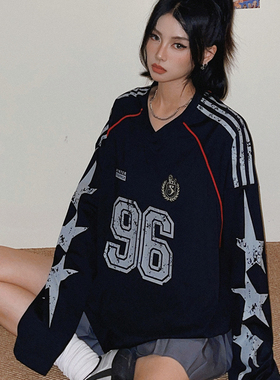 DoubleD2025早春美式复古数字星星印花拼接长袖V领卫衣女宽松球衣