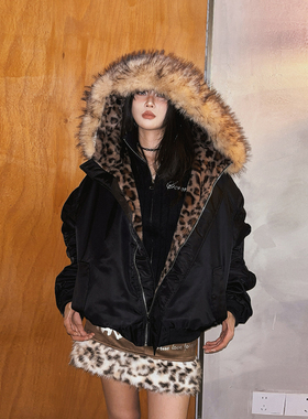 DoubleD豹纹连帽毛领加厚棉服袖章飞行员夹克冬季保暖棉衣外套潮