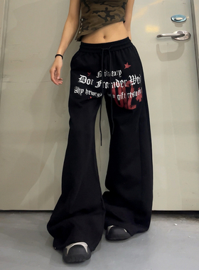 美式街头星星字母印花抽绳阔腿弯刀休闲卫裤男女宽松跳舞运动长裤