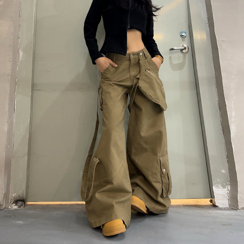 女士美式工装多口袋阔腿裤
