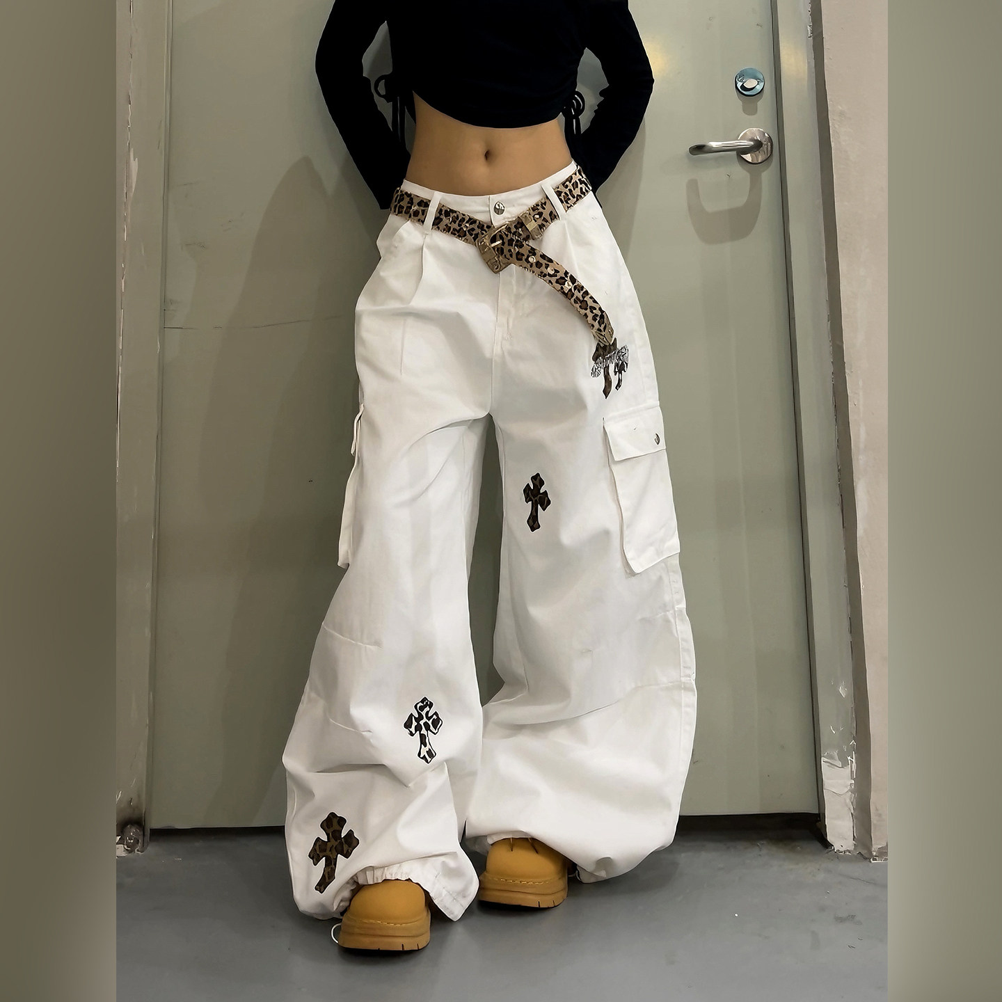 美式复古十字架刺绣阔腿裤女