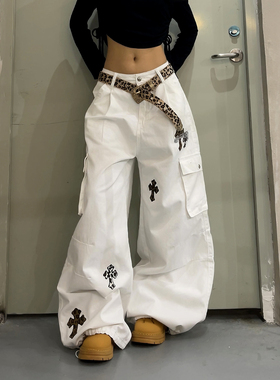 DoubleD美式街头豹纹十字架刺绣口袋工装白色休闲裤设计感阔腿裤