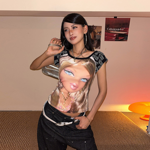 T恤女辣妹修身 短上衣 短袖 DoubleD小众设计感芭比娃娃3D印花插肩袖