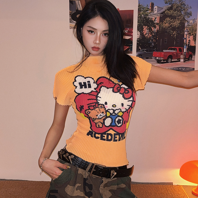 DoubleD美式波嬉风kitty猫印花压褶皱高弹修身辣妹短袖T恤女上衣