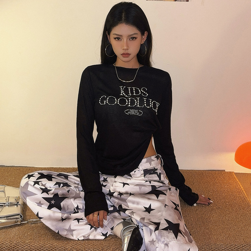 美式复古辣妹烫钻字母长袖T恤女